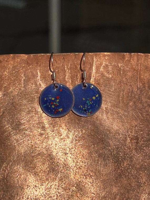 Small Transparent Periwinkle Blue with Glass Confetti Handmade Enameled Copper Earrings ~ 5/8 inch round earrings sterling silver ear wire