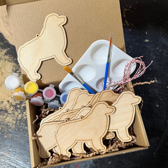 8 Australian Shepherd Dog - Paint Your Own DIY Ornament - Ready to Make Craft Kit w/ Laser Cut Wood Shapes Paint - Brushes - Palette
