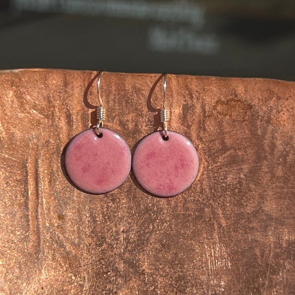 Small Petal Pink Handmade Enameled Copper Earrings ~ 5/8 inch round earrings sterling silver ear wire