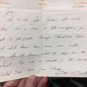 Carta manuscrita de 1991 de Rex Bradley da Hillerich & Bradley (Louisville Slugger) para um colecionador "sem sapatos" de Joe Jackson