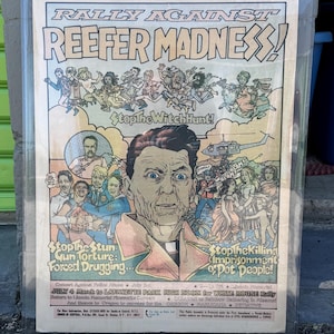 Cartel original de la manifestación de 1985 contra la locura de la marihuana