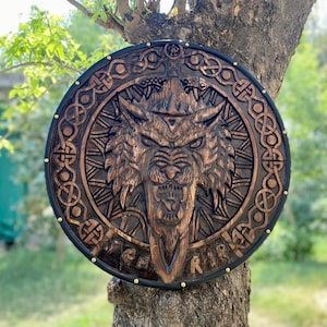 Handmade Viking Wolf Shield with Axe | Norse Fenrir Wall Decor | Carved Wooden Round Shield For LARP, Cosplay & Gifts | Viking Decor for Him