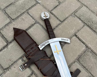 Réplica de espada de los Caballeros Templarios hecha a mano: Hoja de acero de alto carbono, vaina de cuero