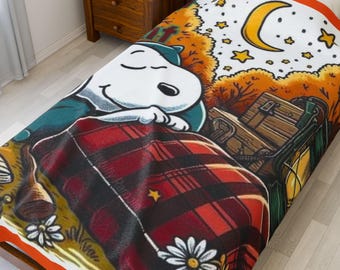 Manta de terciopelo de noche de campamento / Escena de fogata a cuadros de Snoopy durmiendo