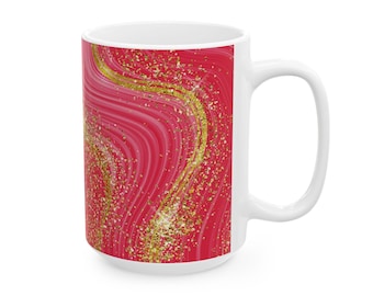 Taza de cerámica con diseño de remolino brillante, 325 ml (11 oz) o 444 ml (15 oz), regalo para ella, decoración de cocina en rosa y dorado, vajilla moderna para todas las ocasiones.