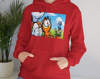 Moletom com capuz com cena de desenho animado do Garfield e do Odie | Estampa fofa de gato e cachorro em quadrinhos