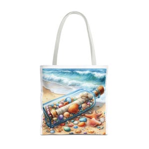 Beachy Message in a Bottle Tote Bag, Ocean Vibe Tote, Summer Adventure Bag, Gift for Beach Lovers, Nautical Shopping Bag