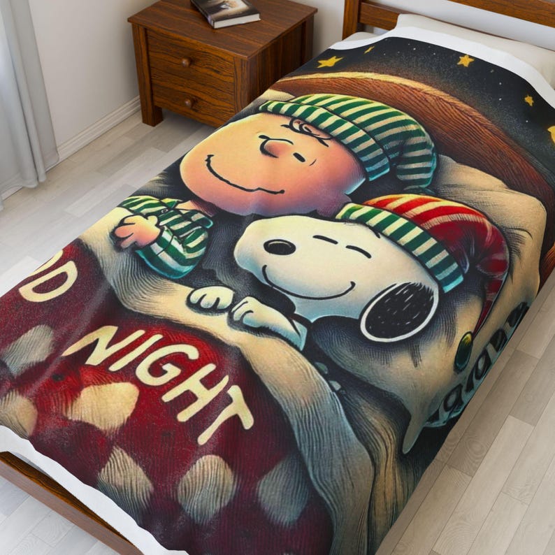 Cozy Velveteen Plush Blanket featuring 'Good Night' Design | Holiday Gift, Kids Room Decor, Soft Throw, Plush Blanket, Seasonal Comfort image 6