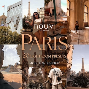Peut inclure: Un collage d'images de Paris, avec la Tour Eiffel, des scènes de rue et de la mode. Le mot "PARIS" est en lettres dorées, avec le texte "20 LIGHTROOM PRESETS" et "MOBILE & DESKTOP" en dessous. L'ensemble évoque le voyage et la photographie.