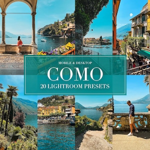 May include: A collage of scenic photos featuring the text "COMO" and "20 LIGHTROOM PRESETS". The images showcase landscapes with water, buildings, and people. The color palette is vibrant, with blues, greens, and yellows.