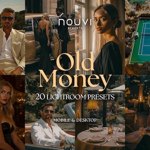 May include: A collage featuring images with a luxurious theme. The text "Old Money" is displayed prominently, along with "20 Lightroom Presets" and "Mobile & Desktop". The images include people, a tennis court, and a restaurant setting.