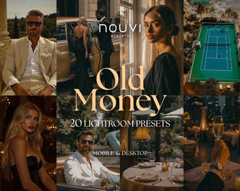 20 preajustes de Lightroom para el dinero antiguo: Elegancia atemporal, filtros estéticos listos para usar en dispositivos móviles y computadoras. Lujo vintage, riqueza discreta.