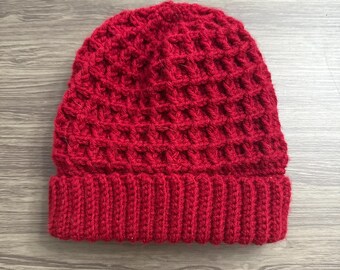 Handmade Red Crochet Beanie | Textured Waffle Knit Winter Hat, Folded Brim