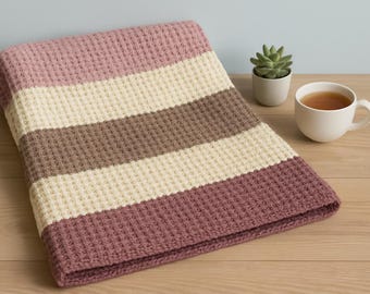 Handmade multicolor striped waffle knit crochet blanket