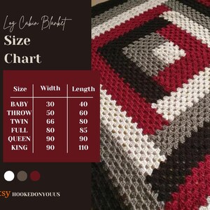 May include: A crochet blanket with a log cabin pattern in white, grey, dark brown, and deep red. A size chart displays dimensions in inches for baby, throw, twin, full, queen, and king sizes. The text reads Log Cabin Blanket Size Chart.