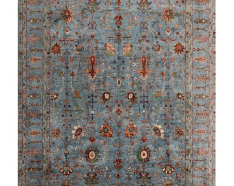 Blue Sultani Wool Area Rug 8x10 ft, Handmade Turkish Oriental Carpet, Traditional Hand Knotted Rug, Living Room Bedroom Office Rug