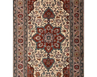 Red Vintage Turkish Kayseri Rug 4x6, Handmade Wool Area Rug, Hand Knotted Turkish Rug 4x6 ft