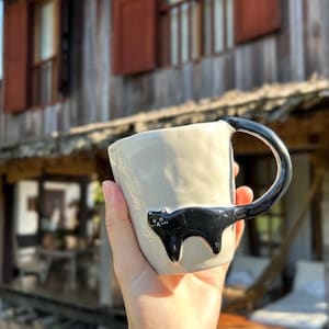 Handmade Black Cat Ceramic Coffee Mug, Unique Pottery Cup, Gift for Mom