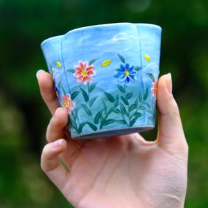 Hand Painted Ceramic Cup: Daisy & Firefly Flower Mug