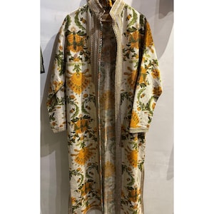 Embroidered Linen Abaya Dress: Handmade Moroccan Kaftan Kimono