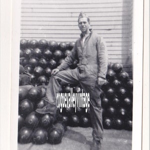 SOLDIER and BOMBS PHOTO, World War 2,  Stockpile Pose, Vintage Military Snapshot