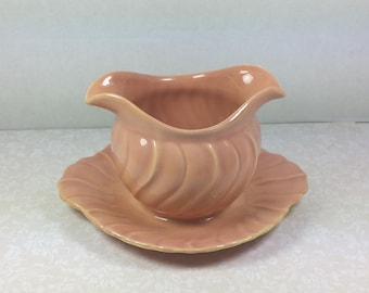 CORONADO GRAVY BOAT with Attached Underplate, 1940's Franciscan Pottery, Glossy Coral, Vintage Collectible Tableware, Dishes