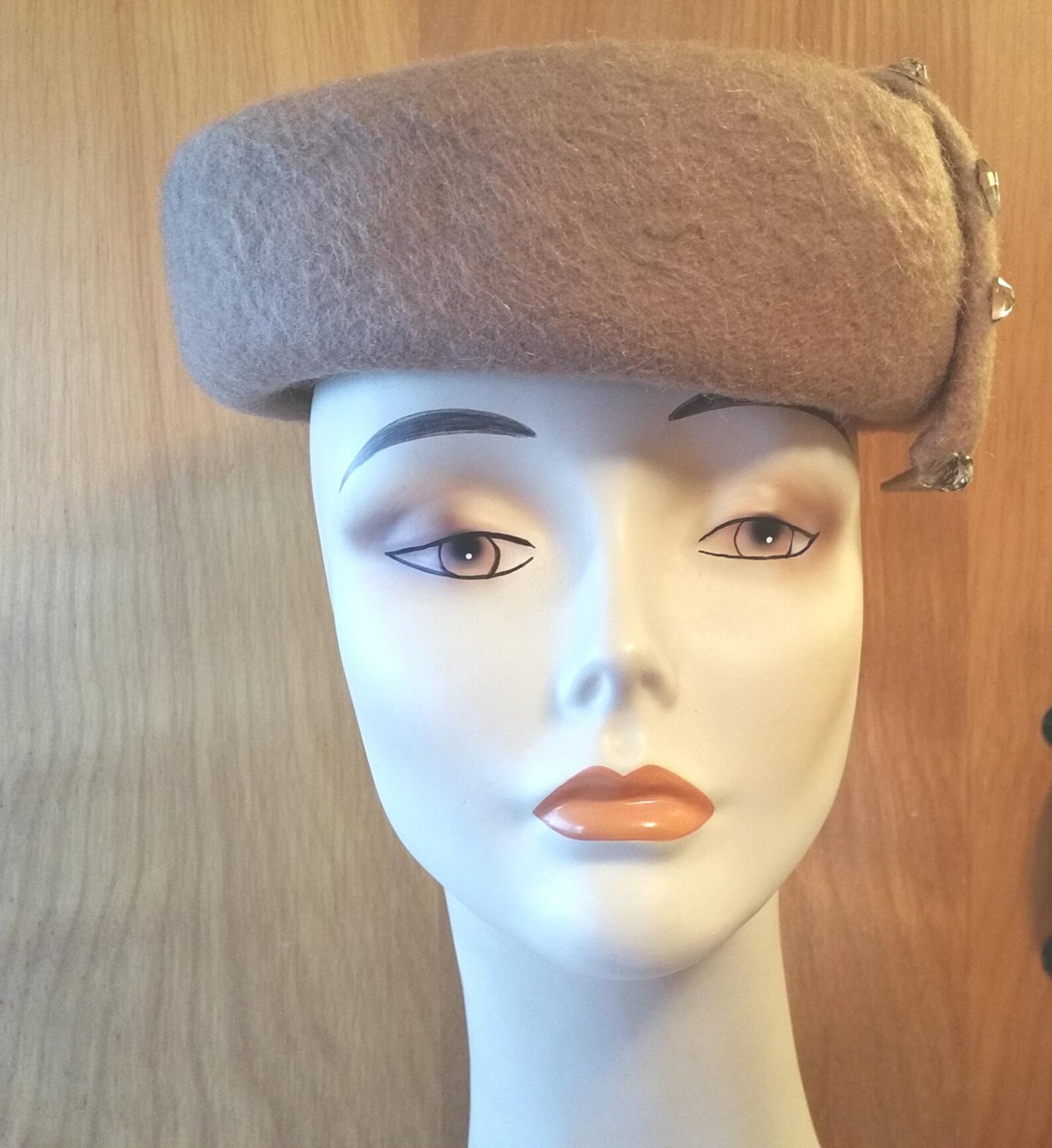 ROLLED PILL BOX Hat Tan Wool Felt Asymmetrical Rhinestone Etsy