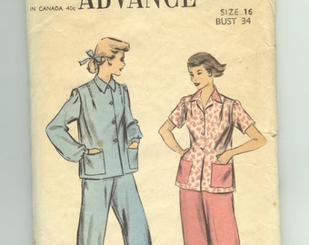 PAJAMA PATTERN, Advance # 5877, Early 1950's. Size 16, Bust 34, Vintage Sewing Supply