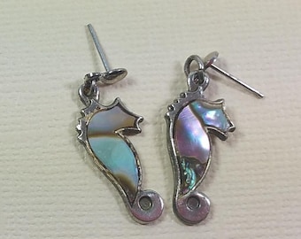 SEAHORSE EARRINGS, Pair of Pierced Ears, Inlaid Abalone Shell, Vintage Costume, Fashion Jewelry