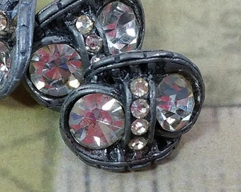 PEWTER and RHINESTONE BUTTONS, Set of 4, Heavily Embellished, 1950's, Vintage Elegant, Fancy Sewing, Clothing Supply