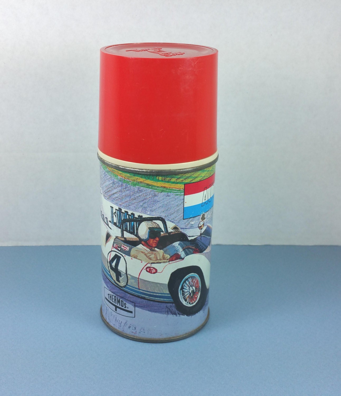 AUTO RACE THERMOS, King-seeley, Steel Bottle No. 2806, 1967, Vintage  Lunchbox, Collectible, Car or Racing Decor 