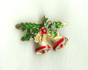 CHRISTMAS BELLS PIN,  Enameled Brass, 1970s, Vintage Holiday Costume Jewelry