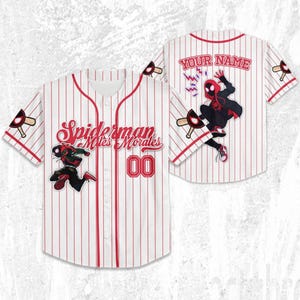 May include: White baseball jersey with red pinstripes, featuring "Spiderman Miles Morales" text and a "00" number. The jersey has a Spiderman graphic on the front and back, with the text "YOUR NAME" on the back.