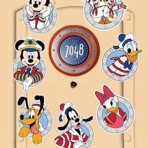 May include: A collection of seven circular Disney character stickers arranged around a central circular door sign with the number 7048. The stickers feature Minnie Mouse, Chip and Dale, Mickey Mouse, Donald Duck, Pluto, Goofy, and Daisy Duck.