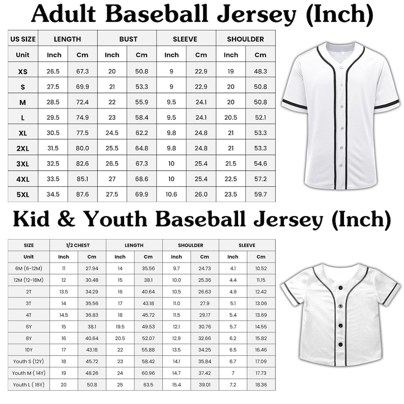 Peut inclure: Des maillots de baseball blancs avec des bordures noires sont pr&eacute;sent&eacute;s, ainsi que des tableaux des tailles pour adultes et jeunes. Les tableaux incluent des mesures en centim&egrave;tres pour la longueur, le buste, la manche et l'&eacute;paule. Les maillots ont des boutons.