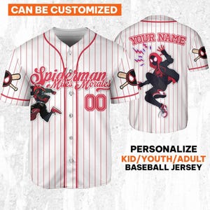 May include: White baseball jersey with red pinstripes, featuring "Spiderman Miles Morales" text and a "00" number. The jersey has a Spiderman graphic on the front and back, with the text "YOUR NAME" on the back. The sleeves have a baseball bat design.