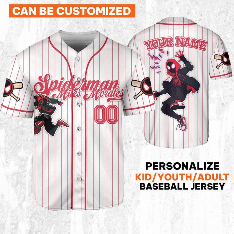May include: White baseball jersey with red pinstripes, featuring "Spiderman Miles Morales" text and a "00" number. The jersey has a Spiderman graphic on the front and back, with the text "YOUR NAME" on the back. The sleeves have a baseball bat design.