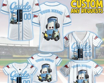 Baseball Cars Guido personnalisé, Maillot de baseball Cars personnalisé de l'équipe, Tenue personnalisée de l'équipe de baseball Disney Guido, T-shirt Cars Land