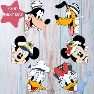 May include: A collection of six cartoon character stickers featuring Goofy, Pluto, Mickey Mouse, Minnie Mouse, Donald Duck, and Daisy Duck, all wearing sailor-themed hats and peeking out from behind white borders with a pink star text SHIP NEXT DAY.