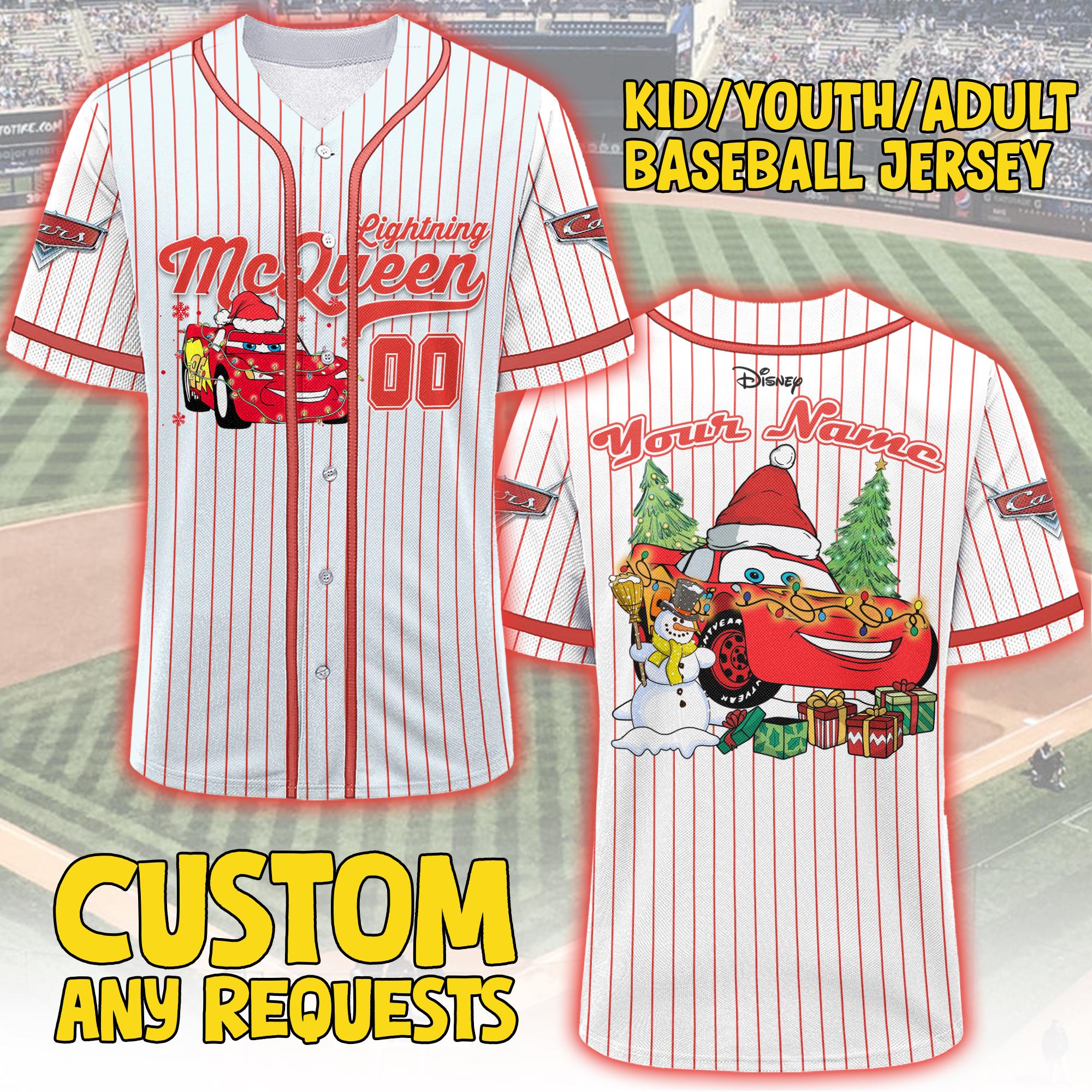 Discover Personalized Disney Car McQueen Christmas Jersey, Custom Pixar Car Xmas Baseball Team, Disney Jersey Team Outfit, Car Land Gift
