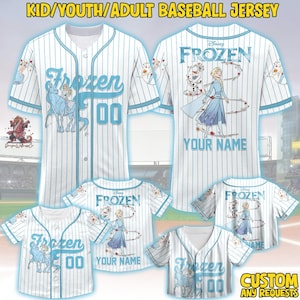 May include: White baseball jerseys with light blue pinstripes and Frozen graphics. The jerseys feature the word "Frozen", the number "00", and the option to add a name. The text "KID/YOUTH/ADULT BASEBALL JERSEY" is at the top.