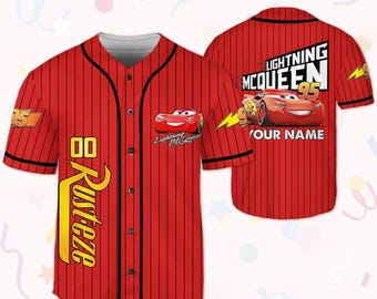 Personalized Disney Lightning McQueen Cars Jersey Baseball, Custom Disney Birthday, Gift for Kids Jersey, Gift For Disney Fans, Cars Land