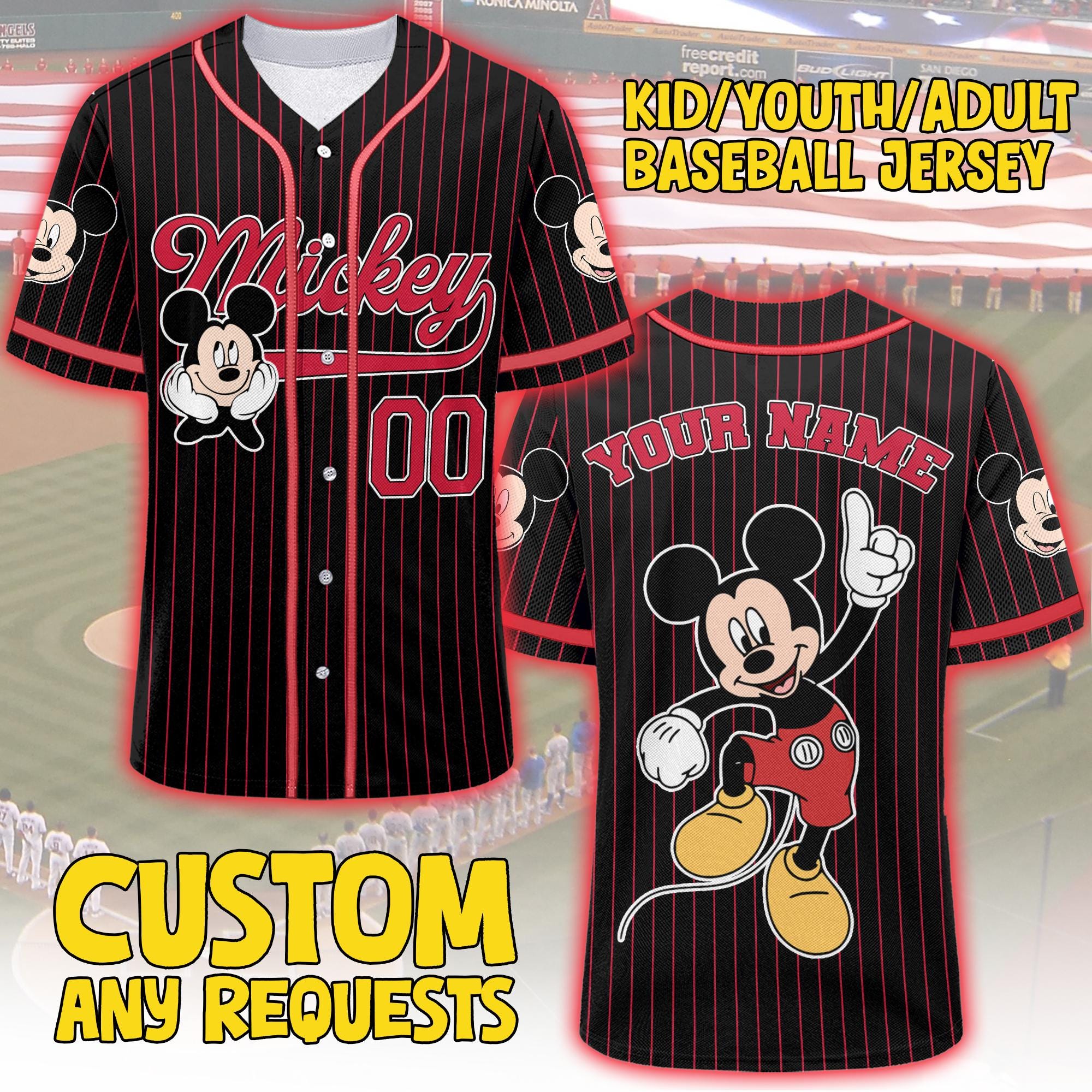 Discover Personalize Disney Mickey Mouse Cute Striped Black Jersey Shirt, Custom Disneyland Baseball, Mickey Mouse Birthday, Gift for Disney Fans