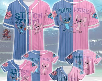 Custom Disney Two Color Stitch And Angel Blue Pink Family Matching Jersey Baseball Style, Personalized Kid & Adult Gift for Disney Fan Shirt