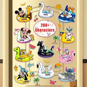 May include: A collection of colorful cartoon character stickers featuring various figures in pool floats, including a mouse, a giraffe, a swan, a duck, a unicorn, a dragon, and a fairy. Each float has a space labeled NAME. Includes small icons like fruit, a sun, and palm trees.