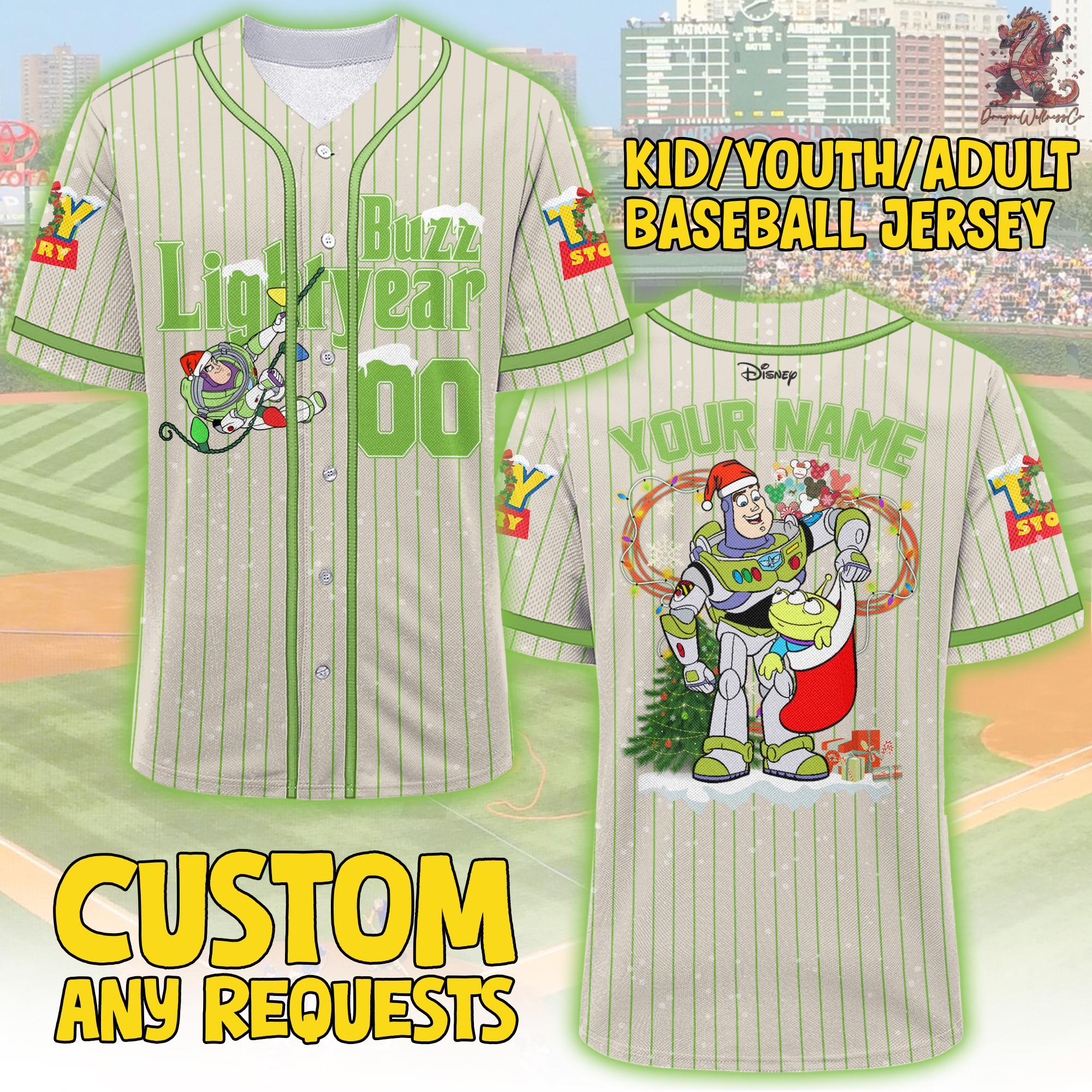 Discover Personalized Disney Toy Story Buzz Lightyear Christmas Jersey Shirt, Custom Disney Baseball Xmas Outfits Cute Pixar Toy Story Gift For Fan