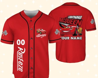 Personalized Disney Lightning McQueen Cars Jersey Baseball, Custom Disney Birthday, Gift for Kids Jersey, Gift For Disney Fans, Cars Land