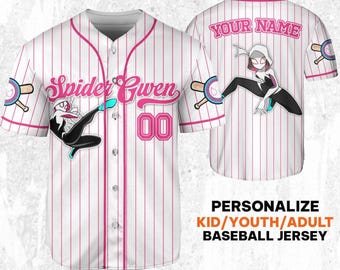 Personalize Spider Gwen Stacy White Pink Baseball Jersey, Custom Spider Verse Baseball Jersey Team, Disney Gwen Stacy Baseball Jersey Gift