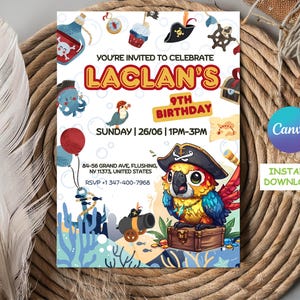 Invitation d'anniversaire de pirate | Invitation de fête d'enfants modifiable | Carte au trésor en téléchargement numérique | Thème pirate garçon fille imprimable | Modèle de toile
