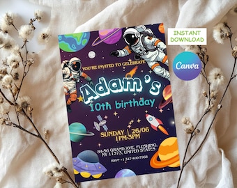 Invitación de cumpleaños espacial editable / Fiesta de astronautas galácticos (Descarga digital)